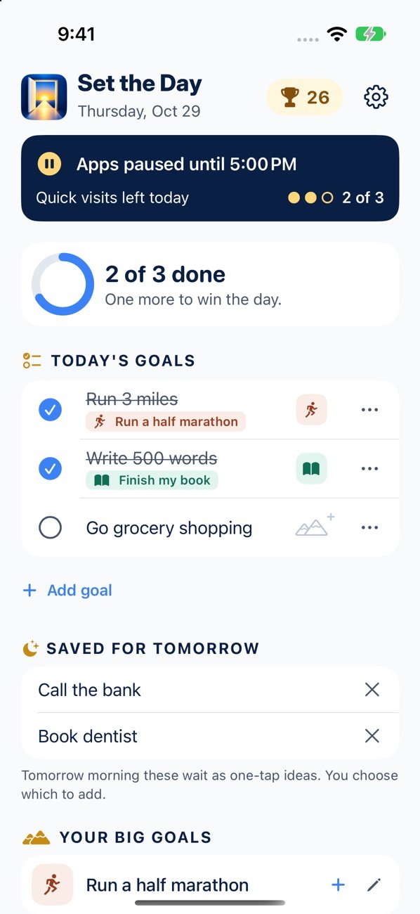 Today screen showing apps paused until 5 PM with 2 of 3 quick visits left